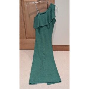 Metallic Emerald Green One-shoulder w Cascading Ruffle Shimmer Cocktail Dress